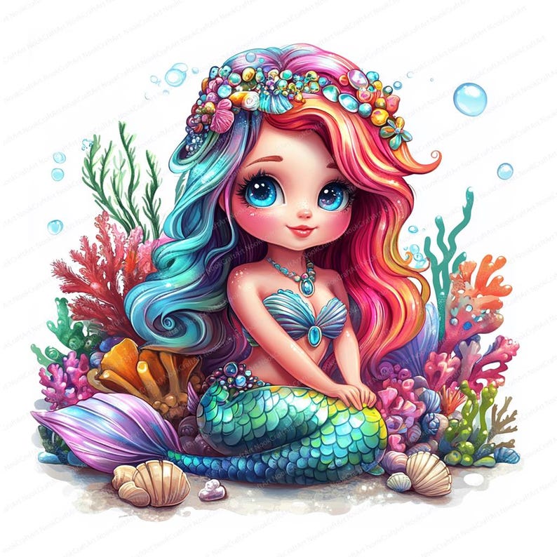 May include: A colorful mermaid with blue and pink hair, wearing a seashell bra and a green tail, sits on a bed of coral and seashells.