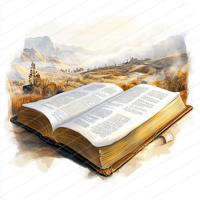 May include: An open, antique-looking book with gold-toned pages and a leather cover. The book is lying open on a light brown surface with a blurred background of a landscape with mountains and a small village.