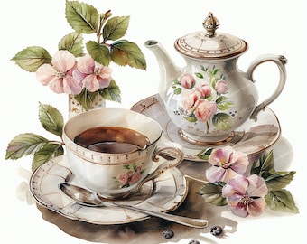 12 Tea Set Clipart | Floral Tea Set | Printable Watercolor clipart | High Quality JPGs | Digital download | Paper craft | junk journals