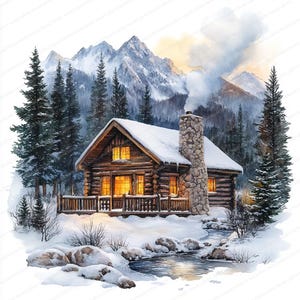 24 Clipart med vintermotiv i fjällstuga | Illustration med mysig vinterdestination | Utskrivbar akvarell clipart | JPG-bilder av hög kvalitet | Papperspyssel