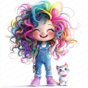 18 eigenzinnige meisjesclips | Lief meisje met kat en puppy | Afdrukbare aquarel clipart | Hoge kwaliteit JPG's | Papierkunst | junkjournaal