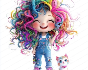 18 Quirky Girl Clipart | Sweet Girl with Cat and Puppy | Printable Watercolor clipart | High Quality JPGs | Paper craft | junk journal