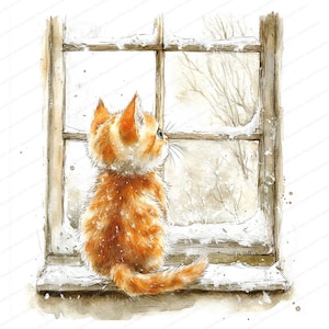 14 Imágenes prediseñadas de ventana de gatito / Imágenes prediseñadas de invierno / Imágenes prediseñadas de acuarela imprimibles / JPG de alta calidad / Descarga digital / Manualidades de papel / Diario basura