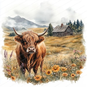 May include: A brown Highland cow stands in a field of wildflowers, with a wooden cabin and mountains in the background.