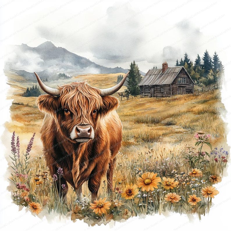 May include: A brown Highland cow stands in a field of wildflowers, with a wooden cabin and mountains in the background.