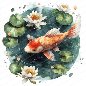 22 clipart vissen en waterlelies | Illustratie vijversereniteit | Afdrukbare aquarel clipart | Hoge kwaliteit JPG's | Papierkunst | Junkjournaal
