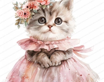 14 Floral Kitten Clipart | Cat in a Dress | Printable Watercolor clipart | High Quality JPGs | Digital download | Paper craft | junk journal