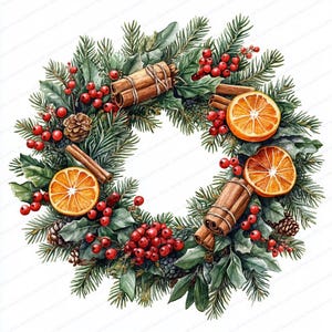 May include: A watercolor Christmas wreath featuring evergreen branches, red berries, orange slices, cinnamon sticks, and pine cones. The wreath is circular and set against a white background, creating a festive and natural aesthetic.