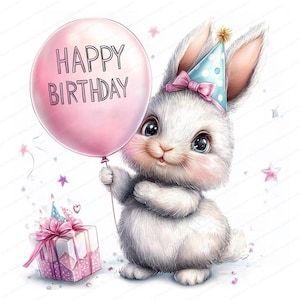 Lot d'illustrations anniversaire lapin | 18 fichiers JPG de haute qualité | Clipart aquarelle imprimable | Téléchargement numérique | Créations artisanales en papier | journal indésirable