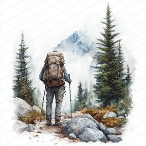 May include: Watercolor painting of a hiker with a large backpack, trekking poles, and hiking boots on a mountain trail. The scene includes evergreen trees, rocks, and a misty mountain backdrop. The hiker is facing away from the viewer.