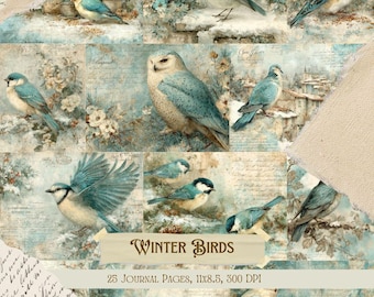 Winter Birds Junk Journal Kit | Vintage Bird Collage Sheets | Snowy Nature Printable Scrapbook Paper | Holiday Ephemera Pages