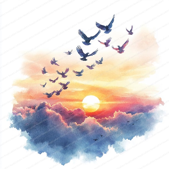 21 鳥の渡りのクリップアート | 北へ飛ぶ群れ | 印刷可能な水彩画