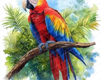 May include: Watercolor painting of a vibrant macaw perched on a brown branch. The bird features red, yellow, and blue plumage, with a white face and black beak. Lush green foliage and a blue sky provide the backdrop, creating a tropical scene.
