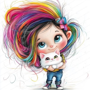 May include: A cartoon girl with long, rainbow-colored hair is holding a white kitten with one blue eye and one green eye. She is wearing a yellow shirt, blue jeans, and red sneakers.