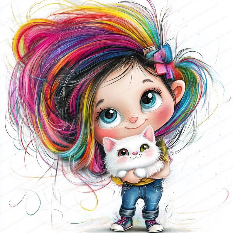 May include: A cartoon girl with long, rainbow-colored hair is holding a white kitten with one blue eye and one green eye. She is wearing a yellow shirt, blue jeans, and red sneakers.