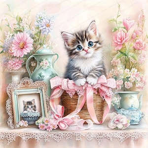 Shabby Chic Kitten Clip Art | 14 High Res Watercolor JPGs | Printable Watercolor clipart | Digital download | Paper craft | junk journal