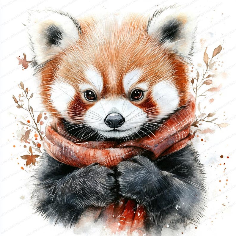 K&ouml;nnte beinhalten: Ein Aquarellbild eines Roten Pandas, der einen roten und braunen Schal tr&auml;gt. Der Panda schaut den Betrachter mit einem s&uuml;&szlig;en Ausdruck an. Der Hintergrund ist ein wei&szlig;er Aquarell-Wasch mit braunen und wei&szlig;en Spritzern.