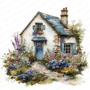 20 Cottage Garden z ławką Clipart | Urocze sceny na świeżym powietrzu | Wydrukowalne akwarelowe Clipart | Wysokiej jakości JPG | Rękodzieło papierowe | Dzienniki