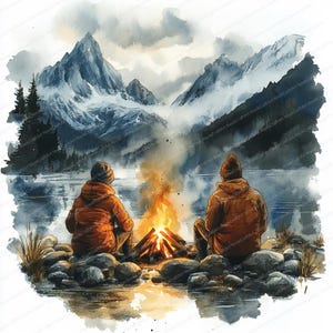 21 Mountain Campfire Couple Clipart | Przytulne romantyczne ilustracje wieczorne | Wydrukowalne cliparty akwarelowe | Wysokiej jakości pliki JPG | Dziennik śmieci