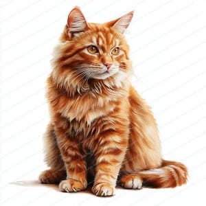May include: A close-up of a ginger cat sitting with its tail curled around its legs. The cat has bright yellow eyes and a fluffy coat.