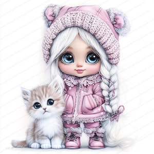 15 Clipart nain ami chat du pays des merveilles de l'hiver | Fichiers JPG de haute qualité | Vacances de Noël roses magiques | Image clipart jolie fille à usage commercial