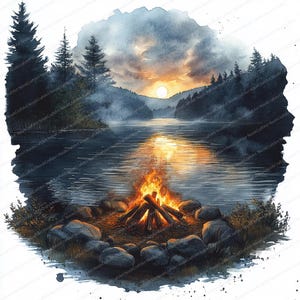 15 Ognisko nad jeziorem Clipart | Wieczorny zmierzch Scenic Illustration | Wydrukowalne akwarelowe clipart | Wysokiej jakości JPG | Dziennik śmieci