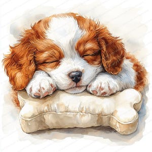 15 Clipart di cuccioli assonnati su cuscino osseo / Illustrazione di cani carini per lavoretti / Clipart di acquerelli stampabili / JPG di alta qualità / Lavoretti di carta