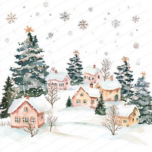 14 Christmas Card Clipart | Winter Homes Greeting Card | Printable Watercolor clipart | High Quality JPGs | Digital download | Paper craft