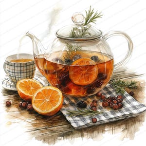 May include: Watercolor illustration of a glass teapot filled with tea, orange slices, and berries. A teacup and saucer with a plaid pattern are to the left. Orange halves, berries, and a sprig of rosemary are on a wooden surface.