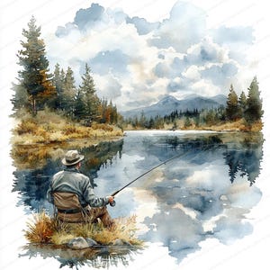 18 imágenes prediseñadas de pescador junto al lago / Arte de escena de pesca tranquila / Imágenes prediseñadas de acuarela imprimibles / JPG de alta calidad / Manualidades de papel / Diario