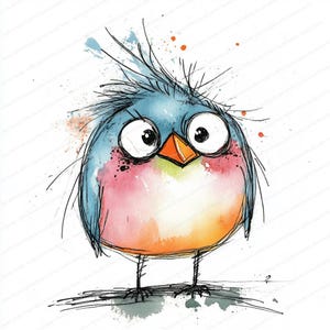 Puede incluir: Ilustraci&oacute;n en acuarela de un p&aacute;jaro de dibujos animados con ojos grandes y expresivos. El p&aacute;jaro tiene una cabeza azul, un cuerpo rosa y naranja y un peque&ntilde;o pico naranja. La obra de arte tiene un estilo juguet&oacute;n, dibujado a mano, con contornos de tinta y salpicaduras de pintura coloridas.