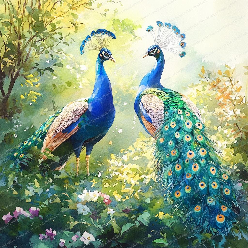 21 孔雀の庭散歩クリップアート | 鮮やかな夏の日のイラスト | 印刷