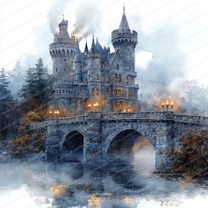 23 Clipart Château avec des torches enflammées | Forteresse mystique près du pont | Clipart aquarelle imprimable | JPG de haute qualité | Créations en papier