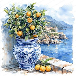May include: Watercolor painting of an orange tree in a blue and white ceramic pot. The tree is laden with ripe oranges and green leaves. The background shows a coastal scene with a building on a cliff and the sea.