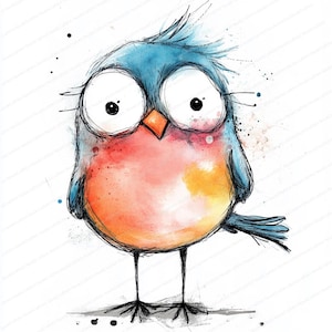 Puede incluir: Ilustraci&oacute;n en acuarela de un p&aacute;jaro azul con ojos grandes y expresivos. El p&aacute;jaro tiene un pecho rojo y naranja, un peque&ntilde;o pico naranja y patas negras finas. La obra de arte tiene un estilo juguet&oacute;n y de dibujos animados con salpicaduras de tinta.