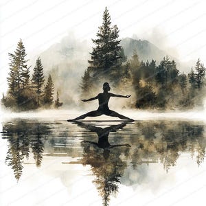 19 Morning Lake Stretching Clipart | Serene, mistige yogascène | Afdrukbare aquarel clipart | Hoge kwaliteit JPG's | Papierkunst | Junkjournaal