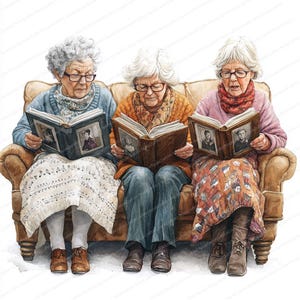 May include: Three women sit on a brown couch, each holding a photo album open to a page with black and white photos. The women are wearing sweaters and scarves, and the couch has a patterned fabric.