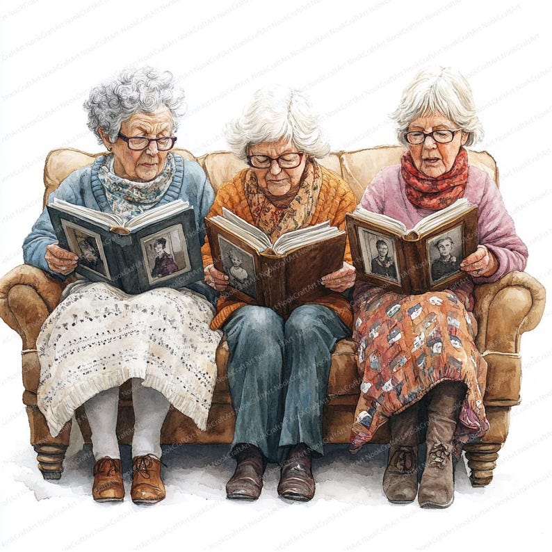 May include: Three women sit on a brown couch, each holding a photo album open to a page with black and white photos. The women are wearing sweaters and scarves, and the couch has a patterned fabric.