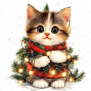 16 eigenzinnige kerstkattenillustraties | Grillige kattenontwerpen voor de feestdagen | Afdrukbare aquarel clipart | Hoge kwaliteit JPG | Papiermodellen | Journaal