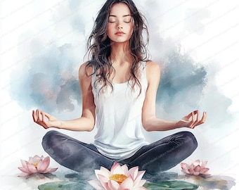 14 imágenes prediseñadas de mujer meditando conscientemente / Sesión de meditación / Imágenes prediseñadas de acuarela imprimibles / JPG de alta calidad / Descarga digital / Manualidad en papel