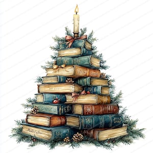 May include: Watercolor illustration of a Christmas tree made of stacked books. The books are in shades of blue, brown, and gold, adorned with pine needles, pinecones, and red bows. A lit candle sits atop the tree.