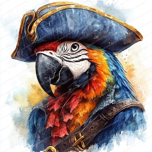 16 Chapéu de Pirata Papagaio Clipart | Ilustração de Pássaro Caprichoso para Artesanato | Clipart de Aquarela para Imprimir | JPGs de Alta Qualidade | Diário de Lixo