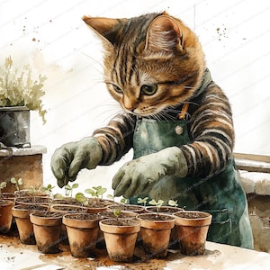 Peut inclure: Illustration à l'aquarelle d'un chat tigré en tablier vert et gants, s'occupant de jeunes plantes dans des pots en terre cuite. Le chat est concentré sur sa tâche, avec une serre en arrière-plan.