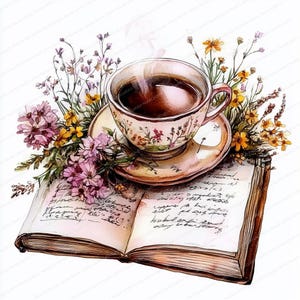 16 tazas de café y libros / Flores secas / Clipart de acuarela imprimible / JPG de alta calidad / Descarga digital / Manualidades de papel