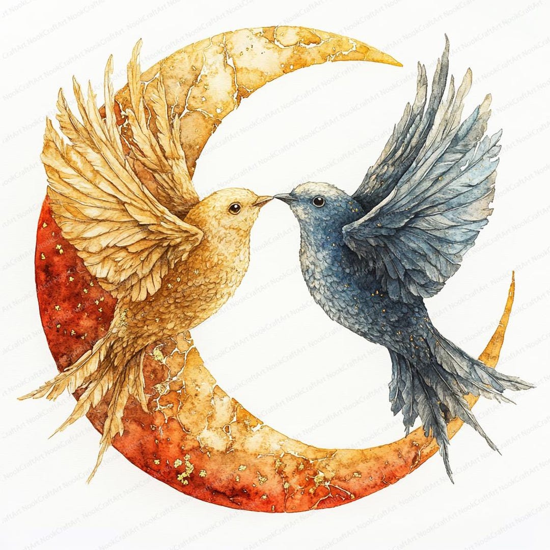 16 Celestial Bird Clipart | Sun and Moon Avians | Printable Watercolor ...