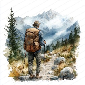 May include: Watercolor illustration of a hiker with a large backpack and hiking poles, standing on a trail and looking at a mountain range. The hiker wears a hat, blue shirt, and gray pants. The scene is set in a mountainous landscape with trees and rocks.