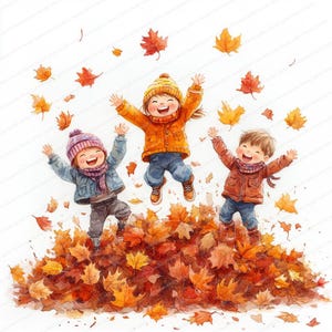 Könnte beinhalten: Aquarellillustration von drei Kindern, die in einen Haufen Herbstblätter springen. Die Kinder tragen warme Kleidung, darunter Jacken, Mützen und Schals. Die Blätter sind in Orange-, Rot- und Gelbtönen gehalten und schaffen eine lebendige Herbstszene.