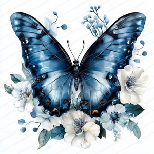 20 Borboletas Azuis com Flores Clipart | JPGs de Alta Qualidade | Download Digital | Artesanato em Papel | Diário de Lixo