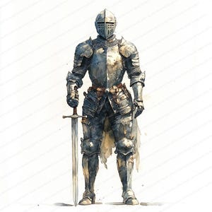 May include: Watercolor illustration of a knight in full armor, standing with a sword. The knight's armor is a mix of silver and gray, with a helmet and chainmail. A brown belt is around the waist. The background is white.