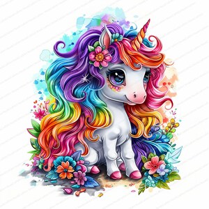 16 imágenes prediseñadas de unicornio / Unicornio bebé / Unicornio colorido / Postal de París / JPG de alta calidad / Descarga digital / Manualidades de papel / Diarios basura